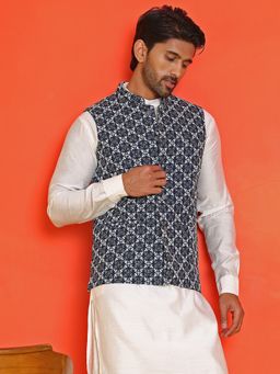Jompers - Embroidered Viscose Rayon Blue Nehru Jacket