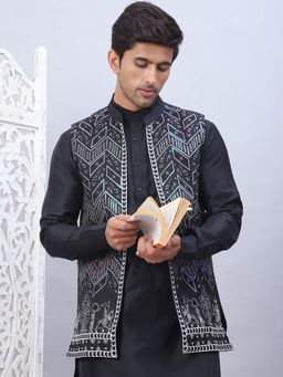 Jompers - Embroidered Silk Blend Black Nehru Jacket