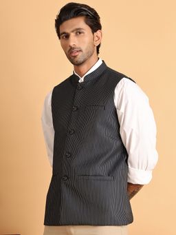 Jompers - Men Striped Woven Navy Blue Nehru Jacket