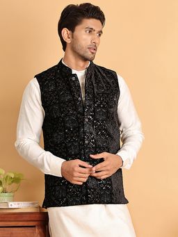 Jompers - Men Embroidered Black Nehru Jacket