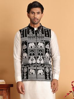 Jompers - Men Embroidered Velvet Black Nehru Jacket