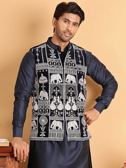 Jompers - Men Embroidered Velvet Navy Blue Nehru Jacket