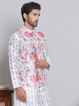 Jompers - Men Digital Floral Printed White Nehru Jacket