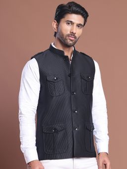 Jompers - Men Striped Black Nehru Jacket