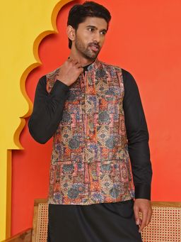 Jompers - Men Printed and Sequins Velvet Orange Nehru Jacket