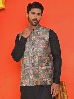 Jompers - Men Printed and Sequins Velvet Peach Nehru Jacket
