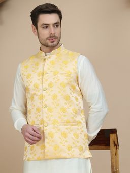 Jompers - Men Embossed Yellow Nehru Jacket