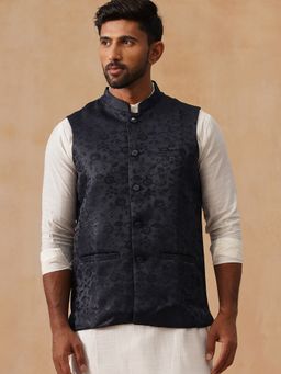 Jompers - Men Woven Design Navy Blue Nehru Jacket