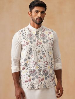 Jompers - Floral Embroidered Silk Blend White Nehru Jacket