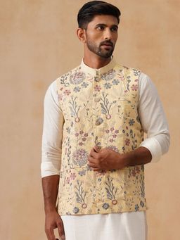 Jompers - Floral Embroidered Silk Blend Yellow Nehru Jacket