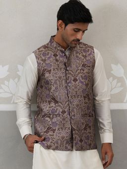 Jompers - Traditional Woven Jacquard Purple Nehru Jacket