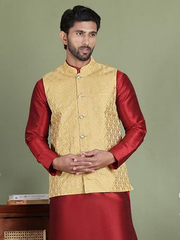 Jompers - Men Woven Design Gold Nehru Jacket