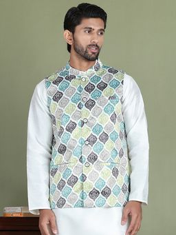 Jompers - Floral Printed Green Nehru Jacket