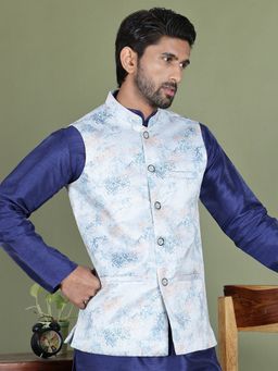 Jompers - Floral Printed Silver Nehru Jacket