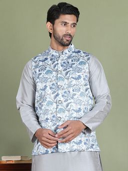 Jompers - Floral Printed White Nehru Jacket