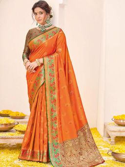 Odette - Womens Orange Silk Woven Design Saree with Unstitched Blouse