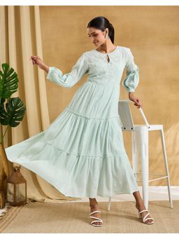 Fabindia - Green Cotton Chikankari Maxi Dress and Slip