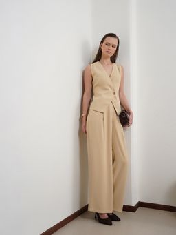 FABLE STREET - Beige Polyester Solid Sleeveless V-Neck Co-Ord Set