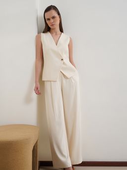FABLE STREET - Beige Polyester Blend Solid V-Neck Co-Ord Set