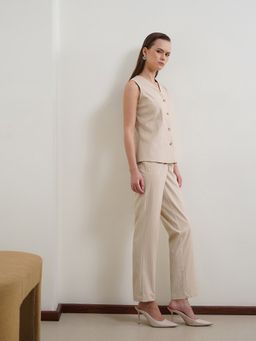 FABLE STREET - Beige Polyester Blend Striped Buttoned Co-Ord Set