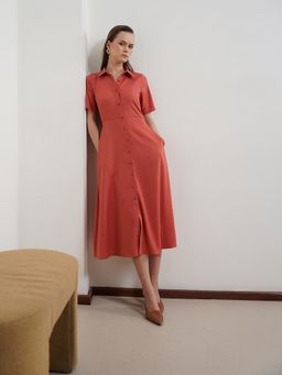 FABLE STREET - Polyester Red Solid Fit And Flare Half Sleeve Shirt Collar Dress