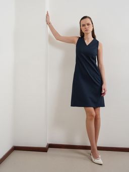 FABLE STREET - Polyester Navy Blue Striped Shift Sleeveless V-Neck Dress