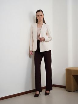FABLE STREET - Off White Polyester Tailored Solid Full Sleeve Collarless Single Breasted Blazer