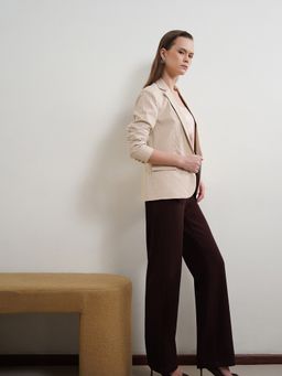 FABLE STREET - Beige Polyester Striped Tailored Fit Full Sleeve Notch Lapel Blazer