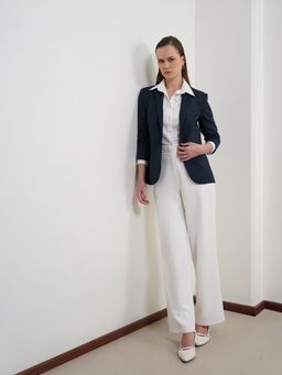 FABLE STREET - Navy Blue Polyester Striped Tailored Fit Full Sleeve Notch Lapel Blazer