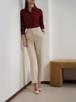 FABLE STREET - Beige Striped Straight Fit Trousers