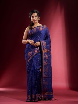 CHARUKRITI - Royal Blue with Copper Zari Foliage Design Saree with Unstitched Blouse