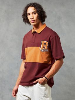 Bewakoof - Men's Brick Red & Orange B League Color Block Oversized Polo T-shirt