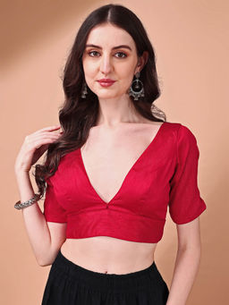 Tikhi Imli - Red Solid Half Sleeves Plunging Neck Stitched Blouse