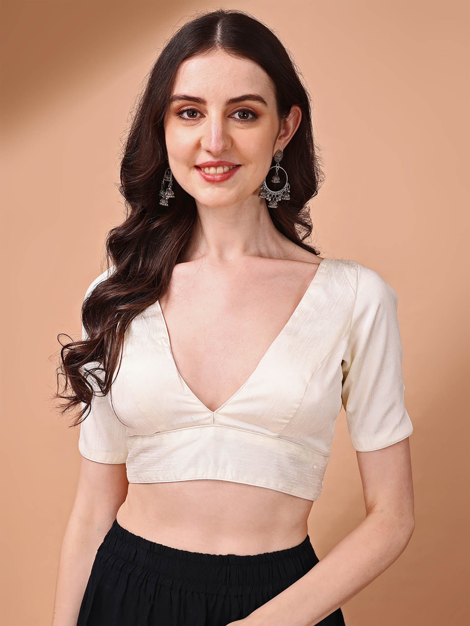 tikhi imli White Solid Half Sleeves Plunging Neck Stitched Blouse-picture-16