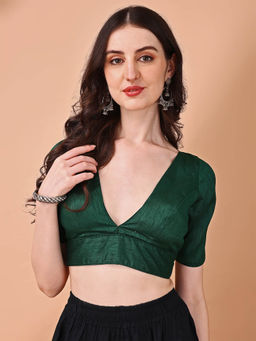 Tikhi Imli - Green Solid Half Sleeves Plunging Neck Stitched Blouse