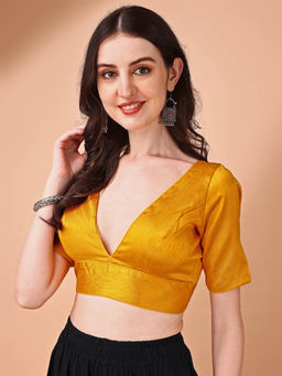 Tikhi Imli - Mustard Solid Half Sleeves Plunging Neck Stitched Blouse