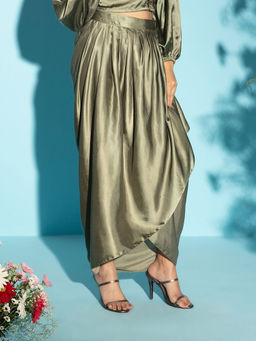 Gajra Gang - Dreamy Drapes Olive Modal Satin Draped Sarong Skirt GGSRT05