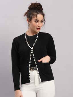 Monte Carlo - Women Black Pearl Design Front Hook Cardigan
