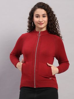 Monte Carlo - Women Red Regular Fit Zipper Full Sleeves Cardigan