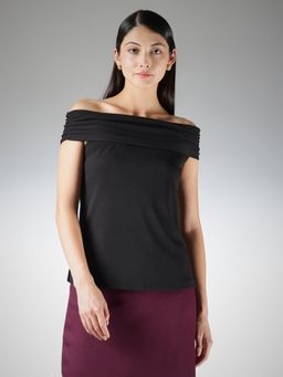 FableStreet - Black Regular Fit Off-Shoulder Top