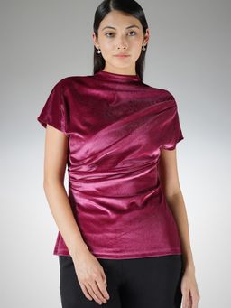 FableStreet - Wine Velvet Regular Fit High Neck Top