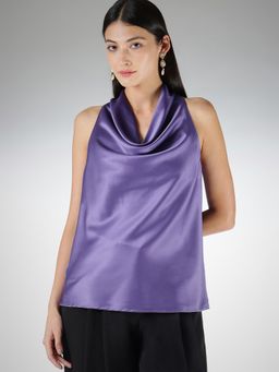 FableStreet - Lavender Satin Regular Fit Sleeveless Cowl Neck Top