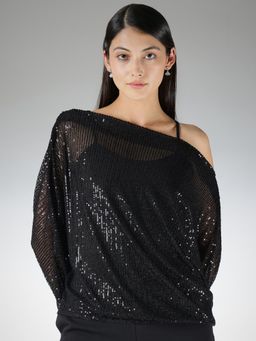 FableStreet - Black Sequined Loose Fit Off-Shoulder Top