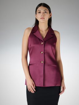 FableStreet - Wine Satin Regular Fit Sleeveless Notched Lapel Top