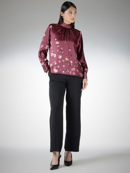 FableStreet - Wine Satin Relaxed Fit Floral Printed Top