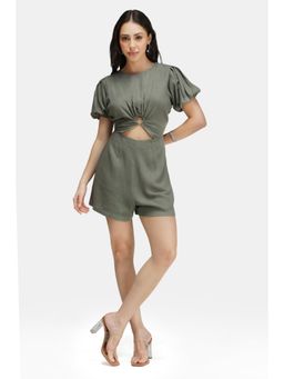 Virgio - Olive Solid Linen Ring Cut-Out Detail Playsuit