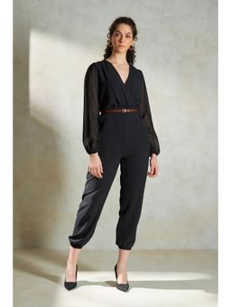 Virgio - Black Solid Twill Overlap Detail Jumpsuit