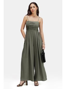 Virgio - Olive Solid Linen Flared Leg Jumpsuit