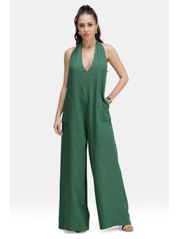 Virgio - Grenn Solid Linen Backless Halter Jumpsuit