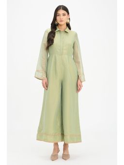 Virgio - Green Self Design Viscose Wide Leg Jumpsuit